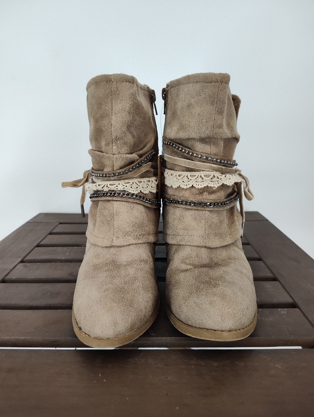 pop Wichita Taupe Faux Leather Lace-Trim Heeled Ankle Boots Women's 8.5M - Picture 3 of 13